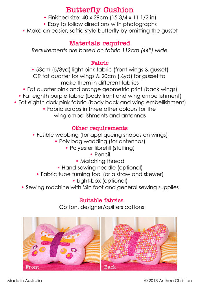 Butterfly Cushion Sewing Pattern - HARD COPY