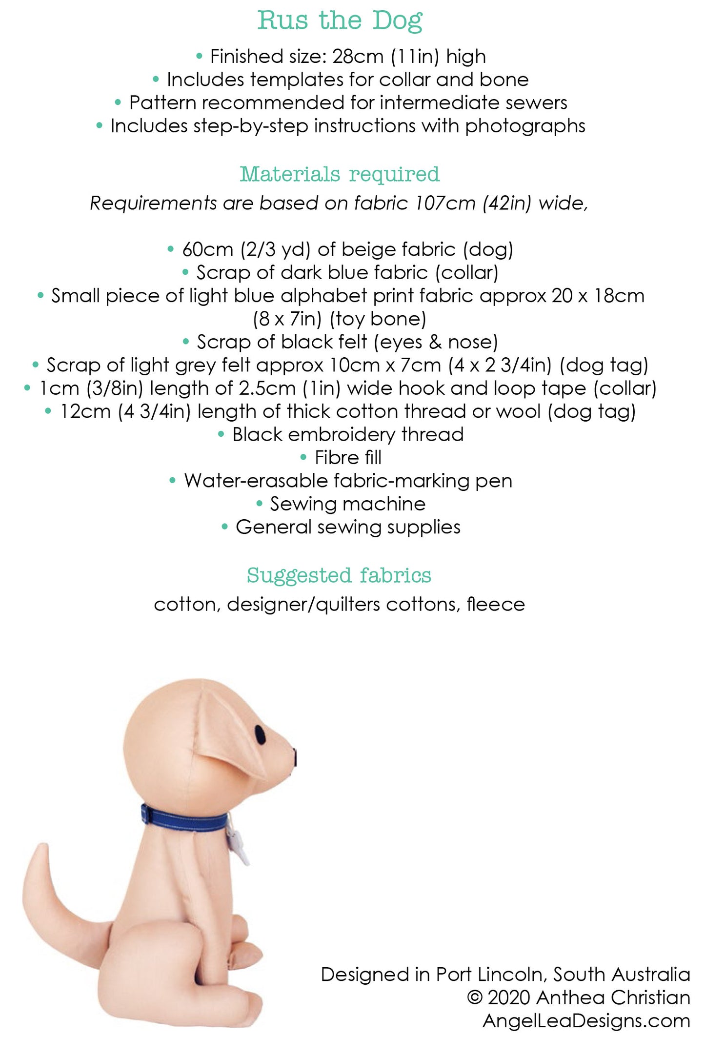 Rus the Dog Sewing Pattern - HARD COPY