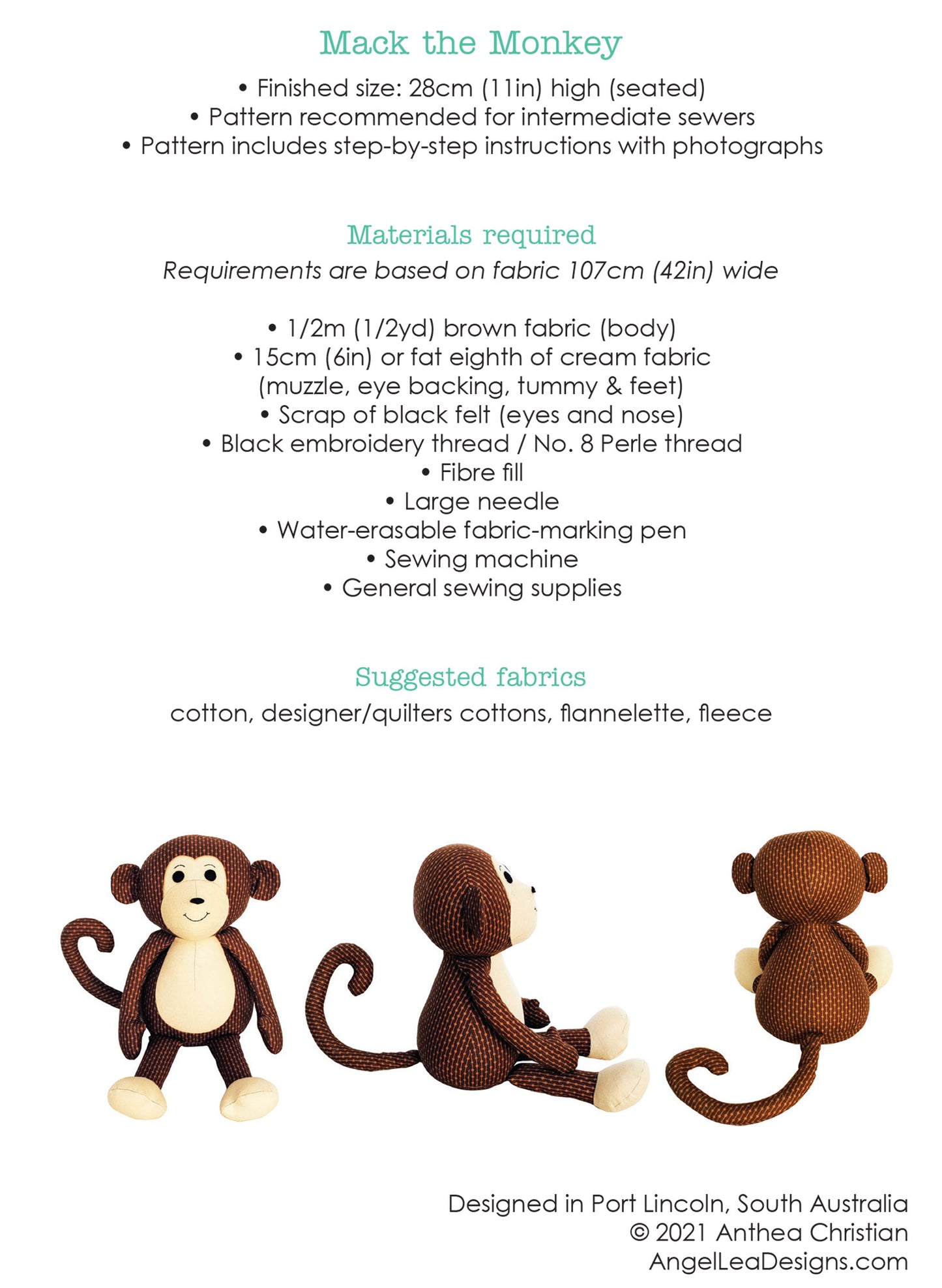Mack the Monkey Sewing Pattern - HARD COPY