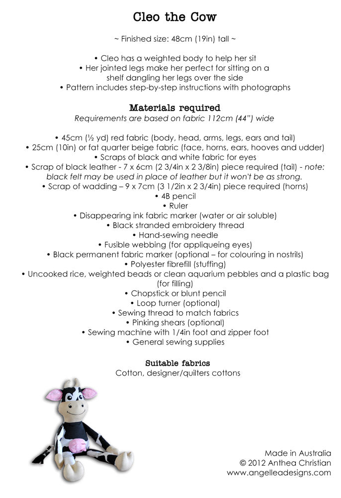 Cleo the Cow Sewing Pattern - HARD COPY