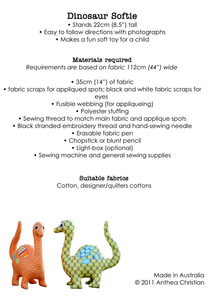 Dinosaur Softie PDF Sewing Pattern – Angel Lea Designs