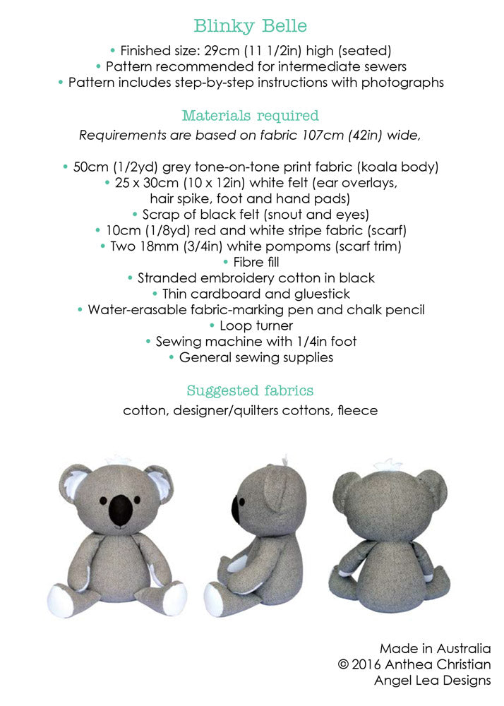 Blinky Belle Koala PDF Sewing Pattern