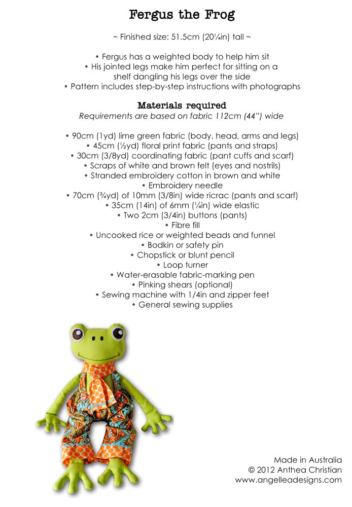 Fergus the Frog Sewing Pattern - HARD COPY